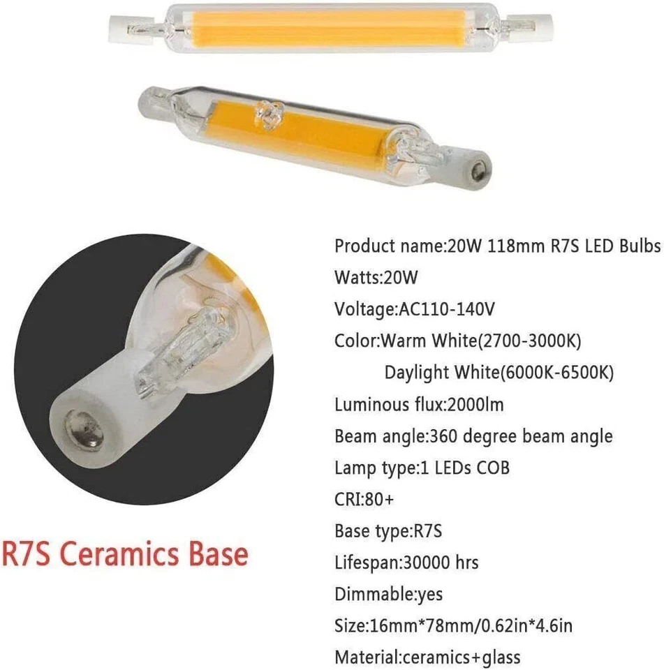 R7s LED 220V 10W 20W 78mm 118mm tubo di vetro lampadina COB sostituzione lampada alogena DE - Immagine 4 di 4