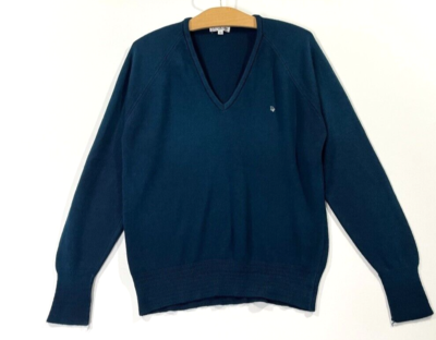 Vintage Christian Dior Embroidered Logo V Neck Knit Sweater Navy  