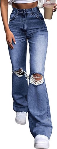 Women's High Waist Distressed Ripped Keyhole Wide Leg Jeans Flare Denim Pants - Picture 4 of 18