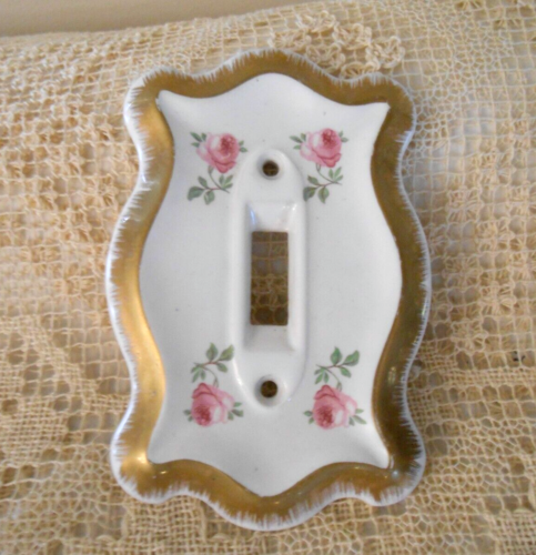 Vintage Porcelain Light Switch Cover Hand Painted Pink Roses Gold Japan - Picture 1 of 5
