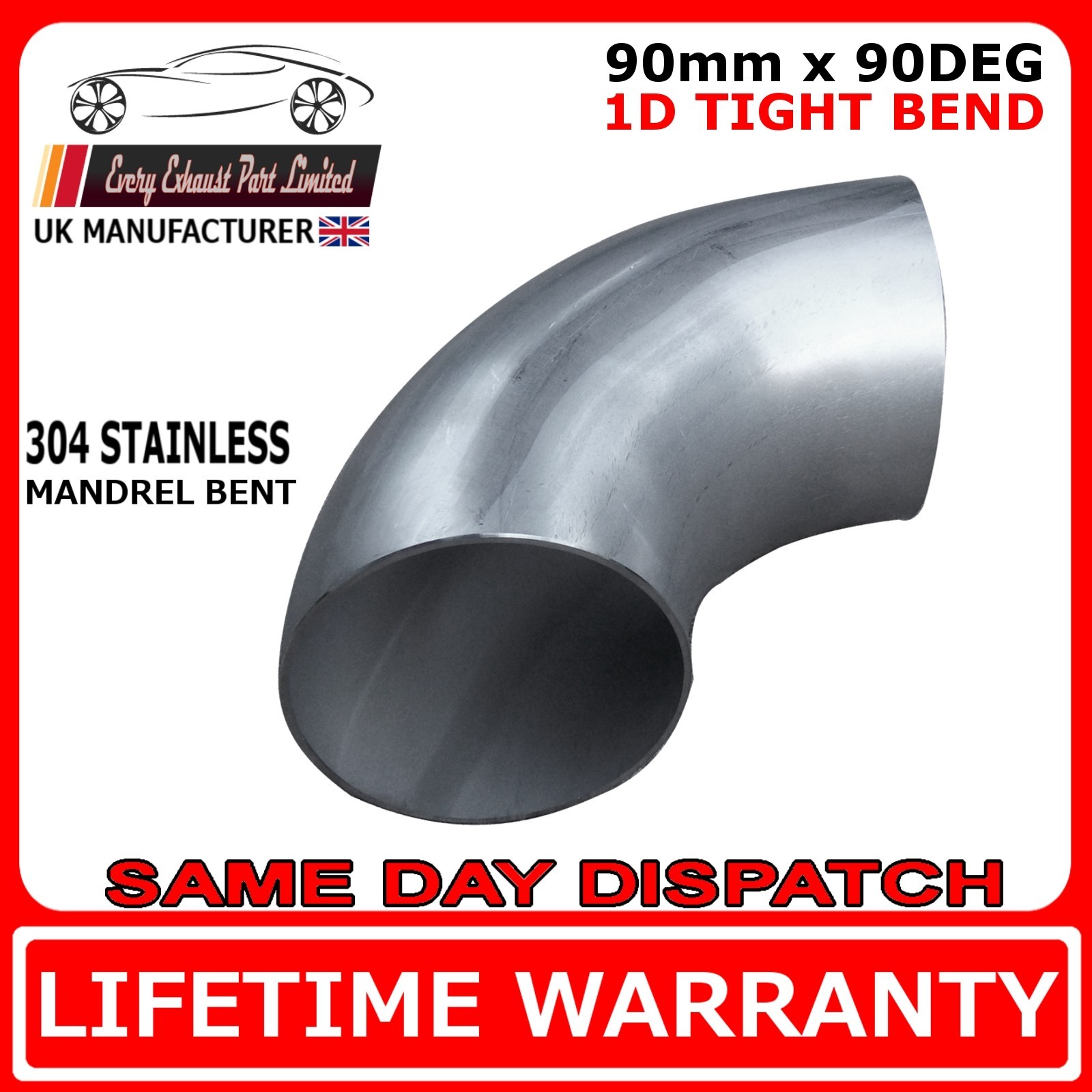 90 Degree 3.5\" (90mm) Stainless Steel Exhaust Mandrel Bend - 304 Grade, Tight 1.2D Radius - Performance Exhaust Pipe Bend By Smoothflow