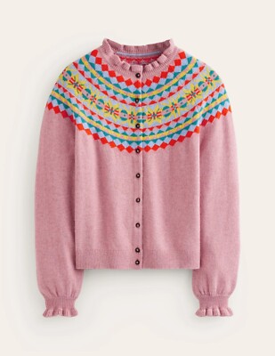 Boden Fair Isle Frilled Cardigan Pink NWT New XL