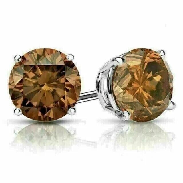 2CtRound Cut Simulated Chocolate Diamond Stud Earrings 14K White Gold Plated