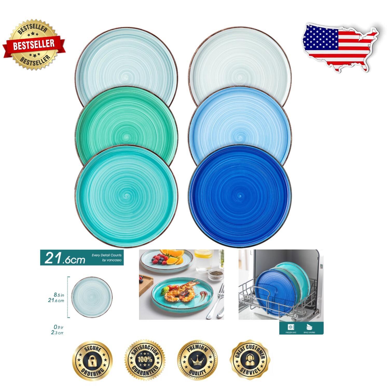 Set of 6 Artistic Blue Ceramic Salad Plates - Dishwasher & Microwave Safe