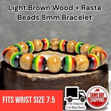 Light Brown Wood / Rasta Beads Design 8mm Beaded Bracelet Wrist Sz 7.5