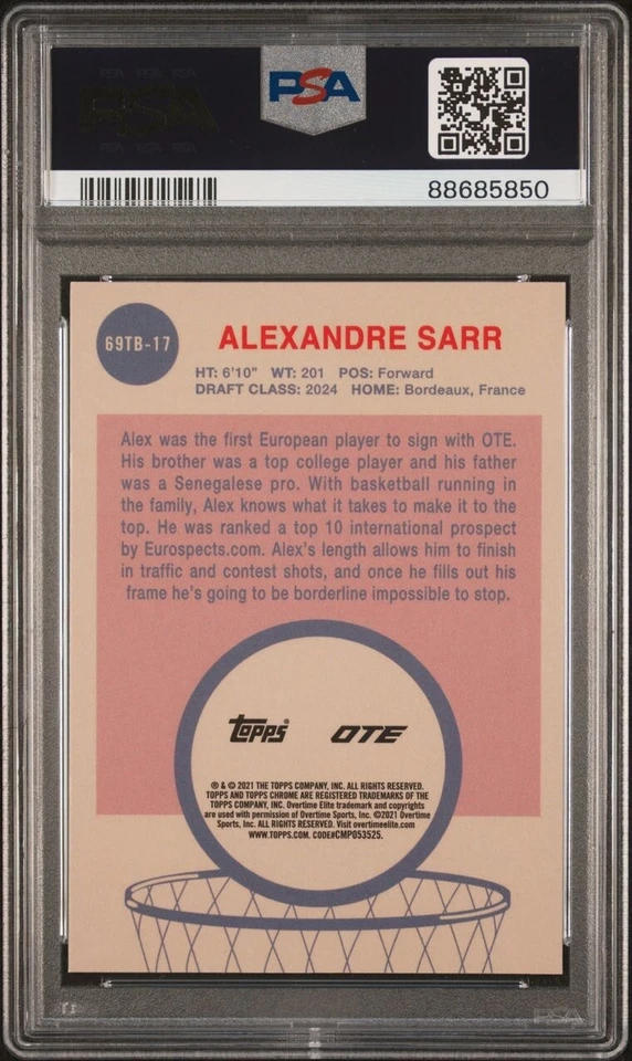 Alexandre Sarr 2021-22 Topps Chrome Overtime Elite 1969 #69TB-17 Rookie  PSA 10  - Image 2 of 2