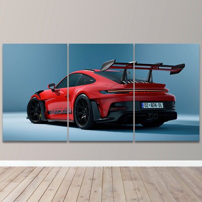 Red Porsche 911 GT3 Sports Car Racing 3 Piece Canvas Wall Art Print Home Decor