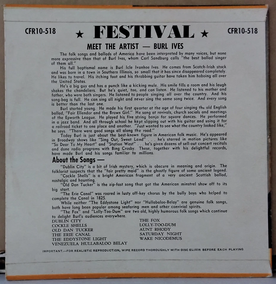 Burl Ives - SINGS BALLADS AND FOLK SONGS... FESTIVAL CFR10-518 AUS 10"LP RARE - Image 2 of 3
