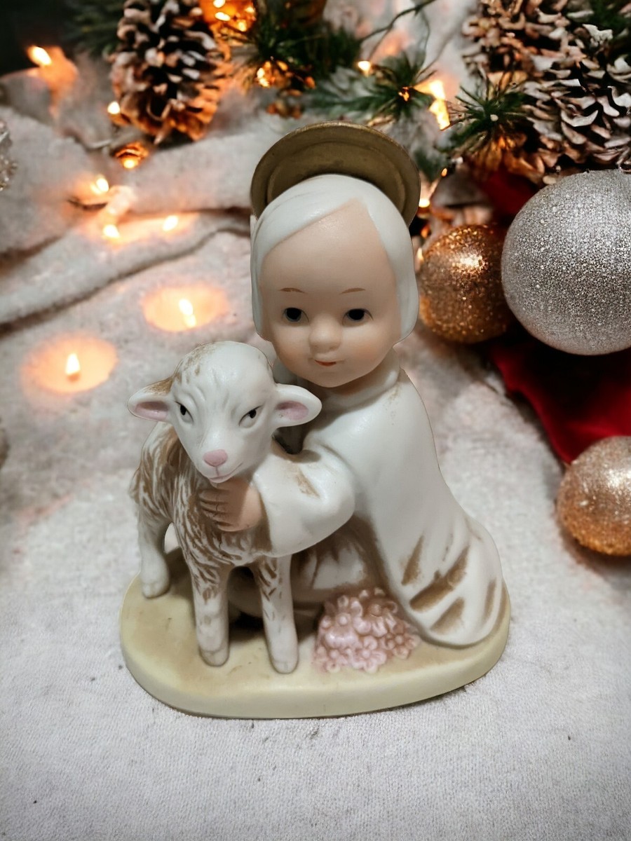 アンリ人形　 ◆希少　12㎝　【Girl with Lamb nativity】 Vintage Homco Ceramic Figurine Christmas Angel Girl With
