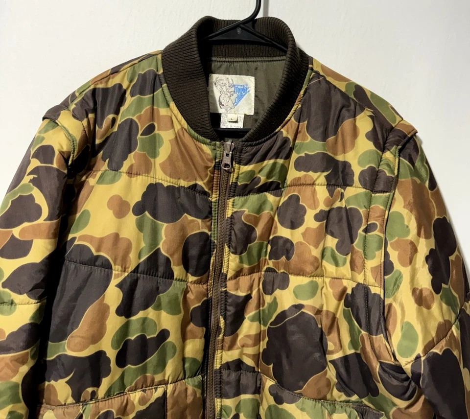 Vtg Duck Camo Insulated Jacket Sz L Goose Down Trophy Club Camouflage Distressed - Image 3 of 4