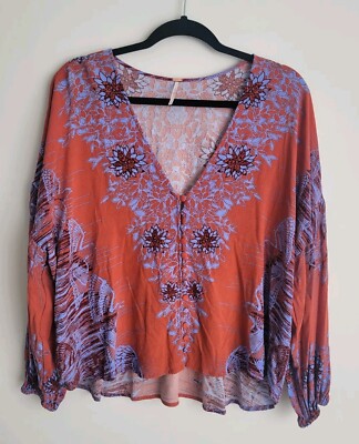 Free People Birds Of A Feather Button Blouse In Roman Orange. Size S (F350)
