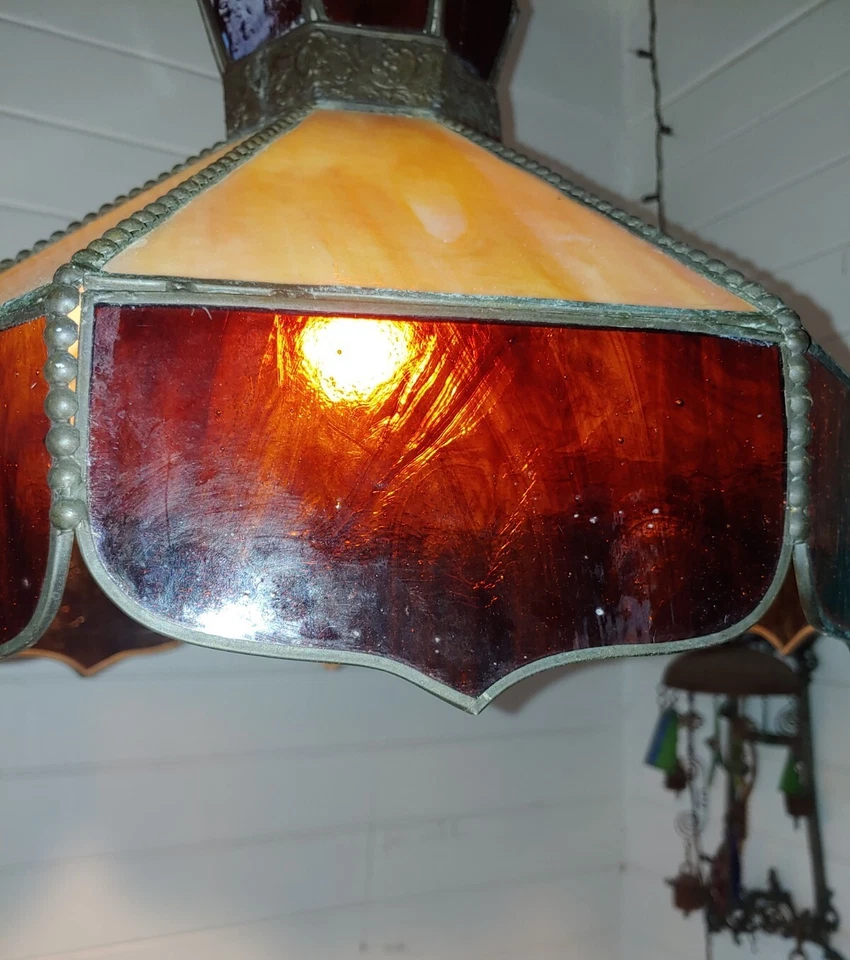 Rare Vintage  Stained  Slag Glass  Hanging Light Fixture Earth Tones - Image 4 of 4
