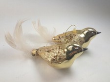 Bird Ornament Lot Of 2 Gold Toned Glossy Glitter Feathered Tail