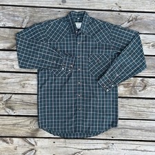 Vtg Plaid Pearl Snap Shirt Mens Sz M Green Long Sleeve Cowboy Western Rodeo Y2K
