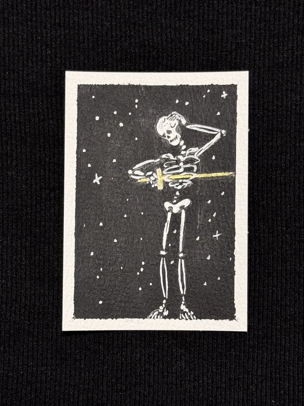 ACEO Original Art - Skeleton, Sword, Stars, Gothic - Acrylic-2.5x3.5 by M.A.R