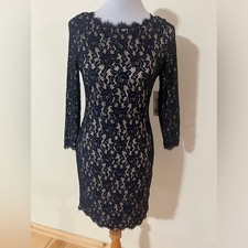 Eliza J navy blue lace nude boat neckline knee length sheath dress NEW 6