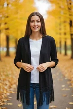 I.N. Studio - NWT, Open Front Long Black Sweater, Roll-Tab Sleeves, Fringe Trim 