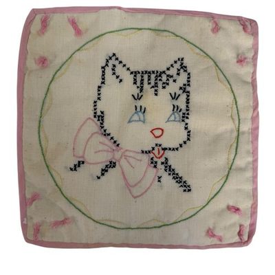 #ad Vintage Embroidered Cross Stitch Kitten Cat Hot Pad Pot Holder Cottagecore MCM $12.98