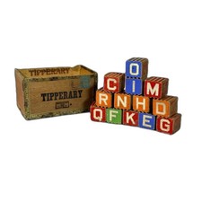 Vintage Embossed Wood Alphabet Blocks Lot in Tipperary Wooden Cigar Box ABC 123