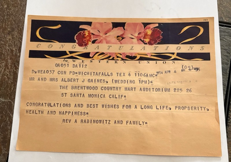 Western Union Telegram Vintage 1954 Wedding Congratulations * Santa Monica