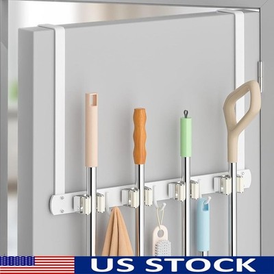 Over Door Broom Holder Stainless Steel Wall Mount Storage 4 Slots 3 Hooks New