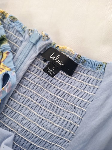Lulus Blue and Yellow Floral Print Front Tie Romper Size Large - Picture 5 of 8