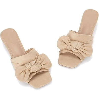 Coutgo Women Size 11 Tan Soft Faux Suede Bow Open Toe 2'' Block Heel Sandal Shoes