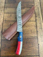 CUSTOM HANDMADE DAMASCUS HAMMERED TEXAS FLAG HANDLE CHEF KNIFE LEATHER SHEATH