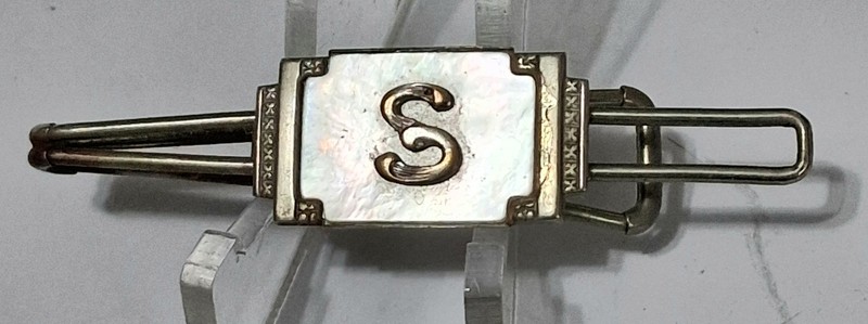 Antique VICTORIAN EDWARDIAN Mother of Pearl Initial "S" Tie Clip Tie Clasp