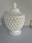 Vintage White Milk Glass Hobnail Covered Candy Dish Pedestal Bowl Lidded Compote