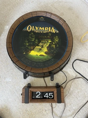 Olympia Vintage Beer Barrel Motion Sign Light-Up Waterfall with Clock