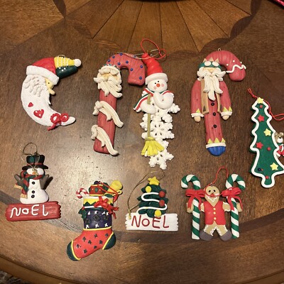 9 Vintage Dough Ornaments Christmas Holiday Stocking Tree Gingerbread Man Snowma