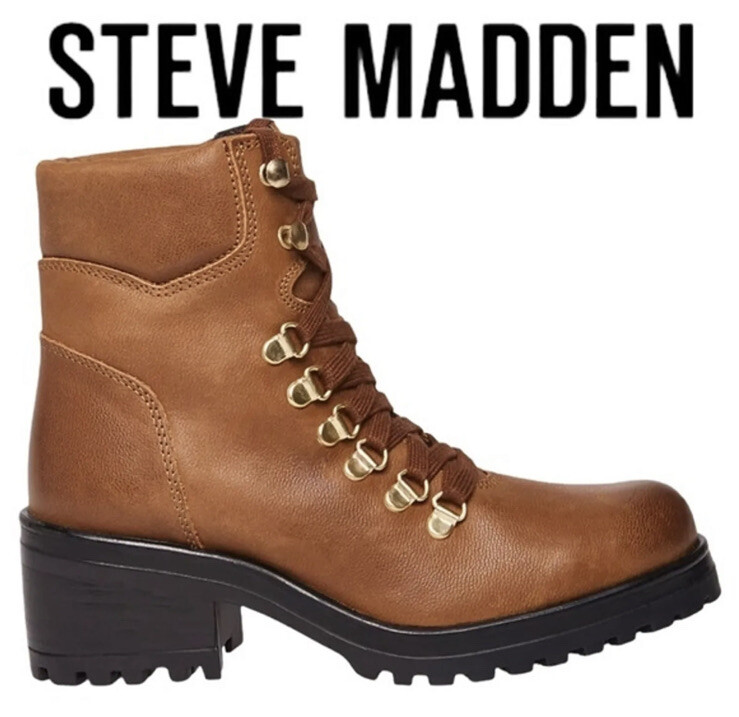 Steve Madden Galway Cognac Leather Lace Front Combat Boots Size