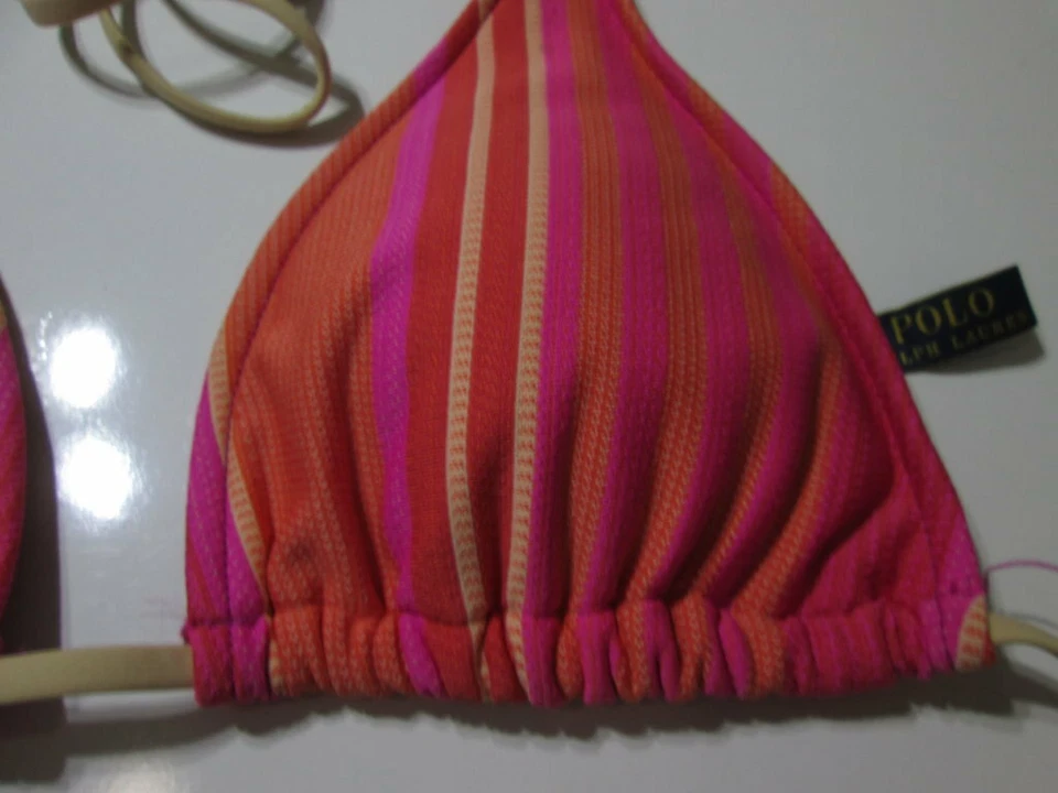 Ralph Lauren Women Size M Bikini Top Pink Lined Triangle Striped Halter Swimwear - Image 4 of 4