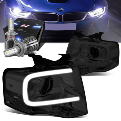 SMOKED HOUSING DRL BAR PROJECTOR HEADLIGHT+FAN LED HID KIT FOR 07-14 EXPEDITION