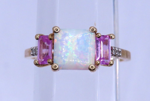 10k YELLOW GOLD RING w LAB CREATED OPAL 2 LAB CREATED PINK SAPPHIRE & 4 DIAMOND*