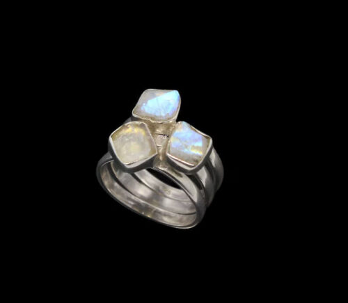 Natural Moonstones Silver Rough Band, Fancy Wider Band, June Birthstone Rings - Picture 1 of 3