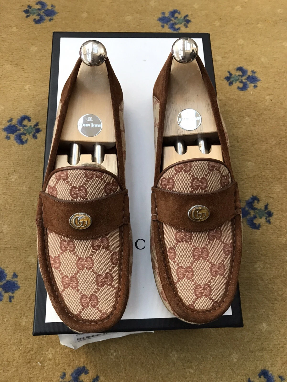 Mocassins Gucci chaussures monogramme daim toile marron hommes conducteurs US 8 UK 7,5 EU 41,5