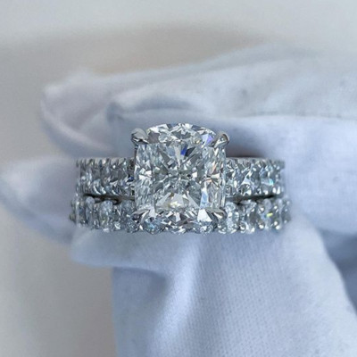 3.54CTW Cushion Cut Moissanite Engagement Bridal Ring Set 14k White Gold Plated