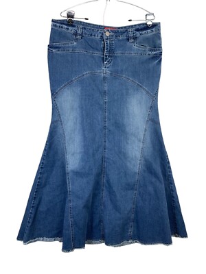 Style J Y2K Flare Mermaid Floor Length Blue Denim Frayed Hem Maxi Skirt Women 34