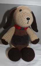 NEW HAND KNITTED THREE TONE BROWN STUFFED TOY DOG 8 X 11 INCHES