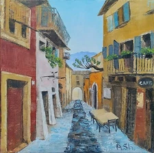 Original oil on canvas painting Italian cityscape landscape old town 12x12"