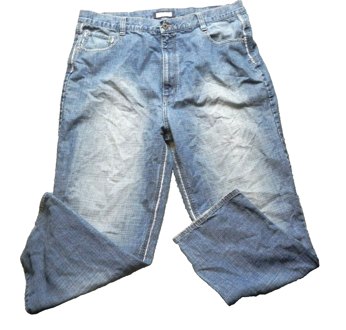 【massnoun】FAKE POCKET DENIM PANTS KOMAN Jeans Adult 42x32 Medium Wash Whiskered 5 Pocket Denim