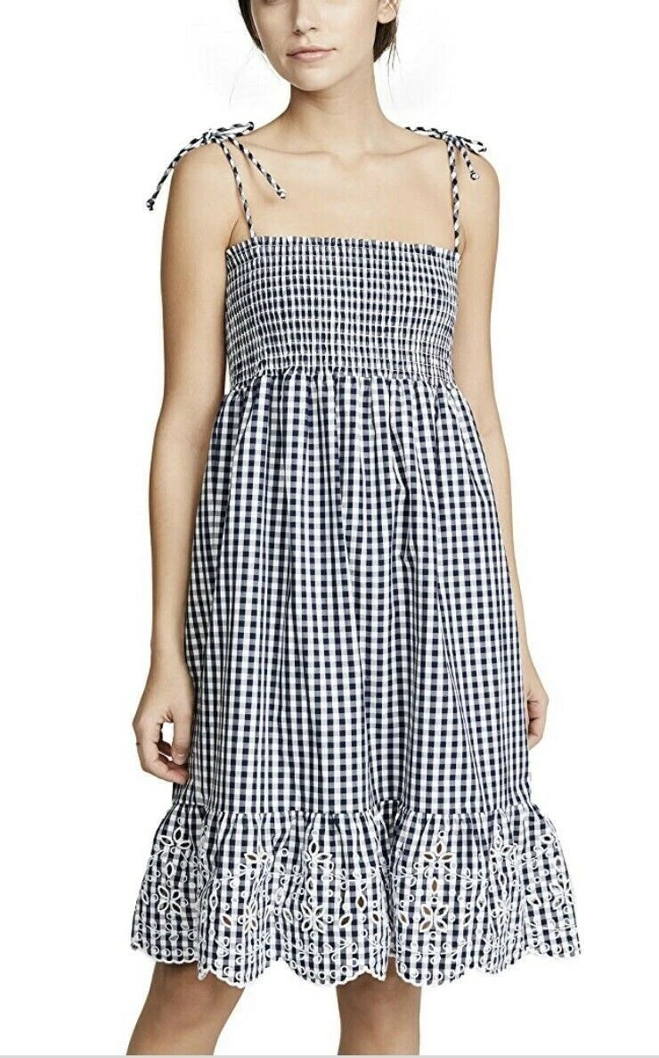 Abito da spiaggia TORY BURCH Gingham con occhielli Tory blu navy bianco taglia SMALL nuovo con etichette $258