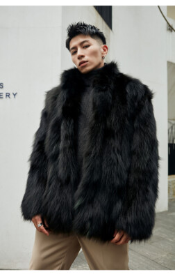 Men Real Natural Raccoon Fur Coat Fashion Stand Collar Winter Warm