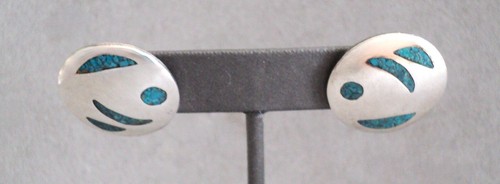 MODERNIST Crushed TURQUOISE Inlay STERLING Silver Disc EARRINGS Posts ABSTRACT - Picture 6 of 6