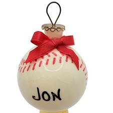 VTG Porcelain Baseball Christmas Tree Ornament "Jon" Writing Crazing Present