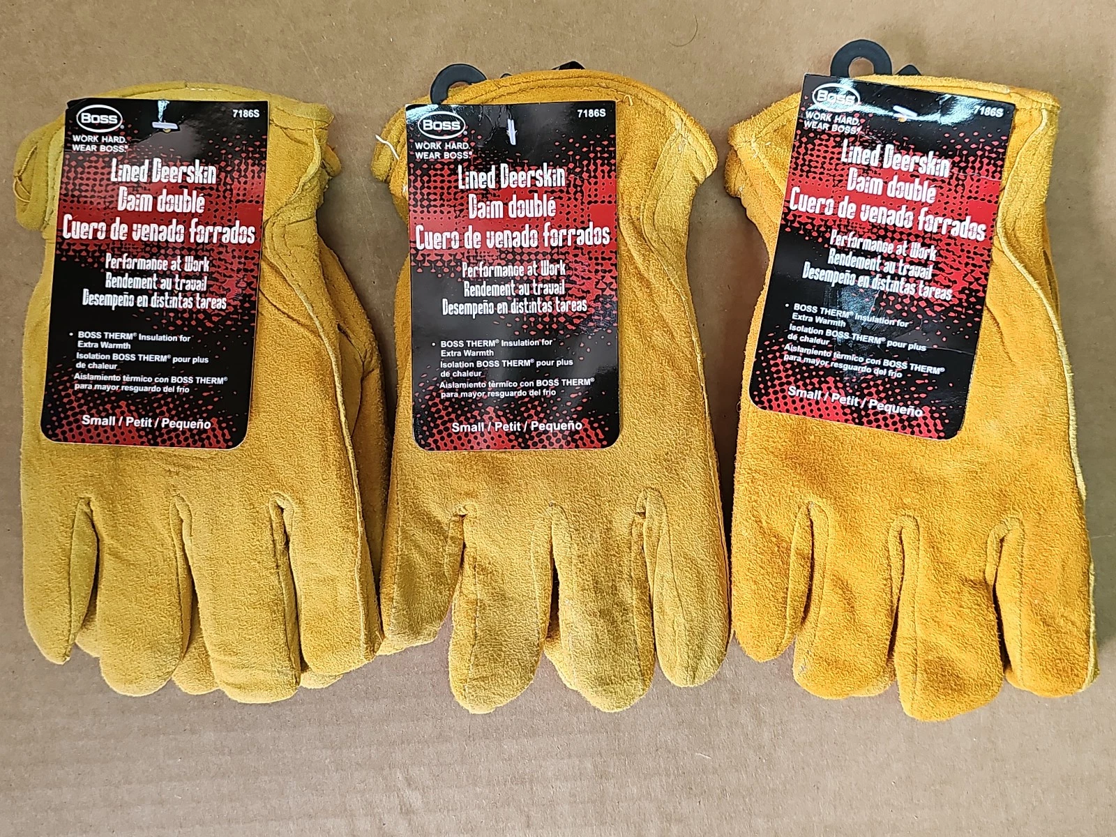 3 Pair Boss 7186S Lined Deerskin Insulated Work Gloves, Small
