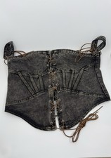 Pretty Little Thing Top Shape Brown Denim Lace Up Front Corset ; Sz 12 NWT