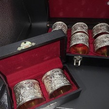 216. Victorian Silverplate Ornate Napkin Rings Set with Presentation Case